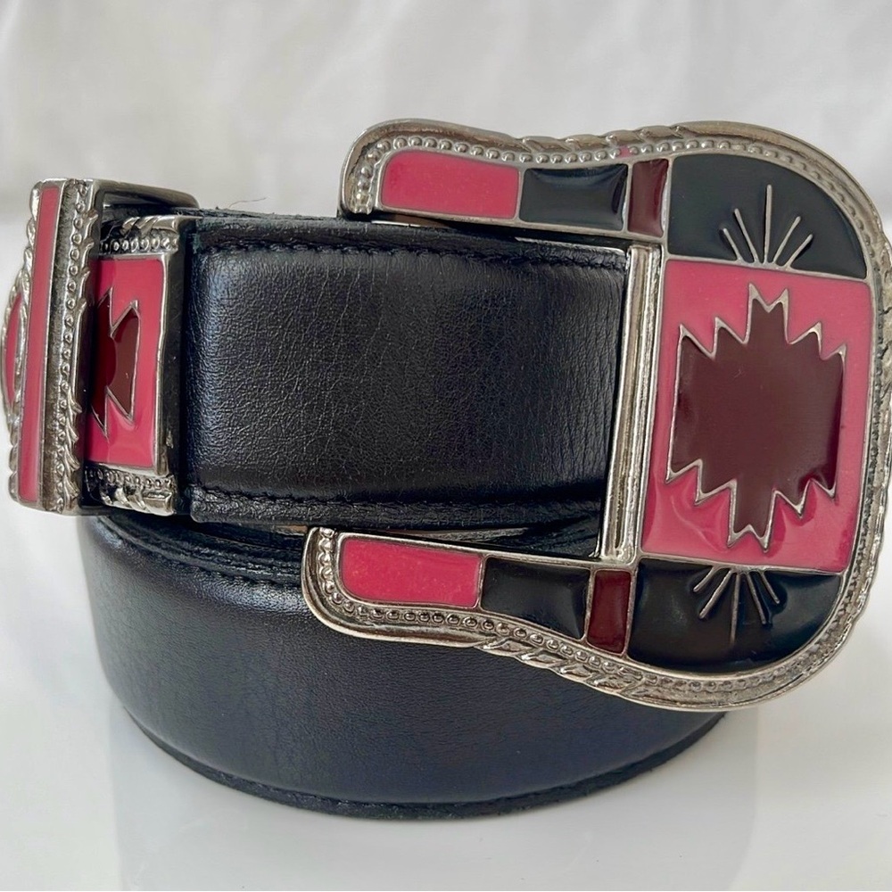 Black and Pink Leather Belt with Silver Buckle